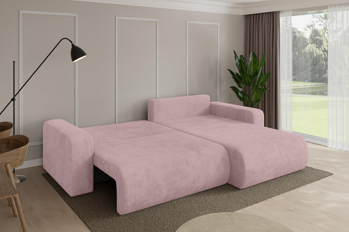 ROHOVÁ SEDAČKA s funkcí spaní, otoman vpravo BERY-L 276x193x88 růžová manšestr - růžová/černá, kompozitní dřevo/textil (276/193cm) - ALTDECOR
