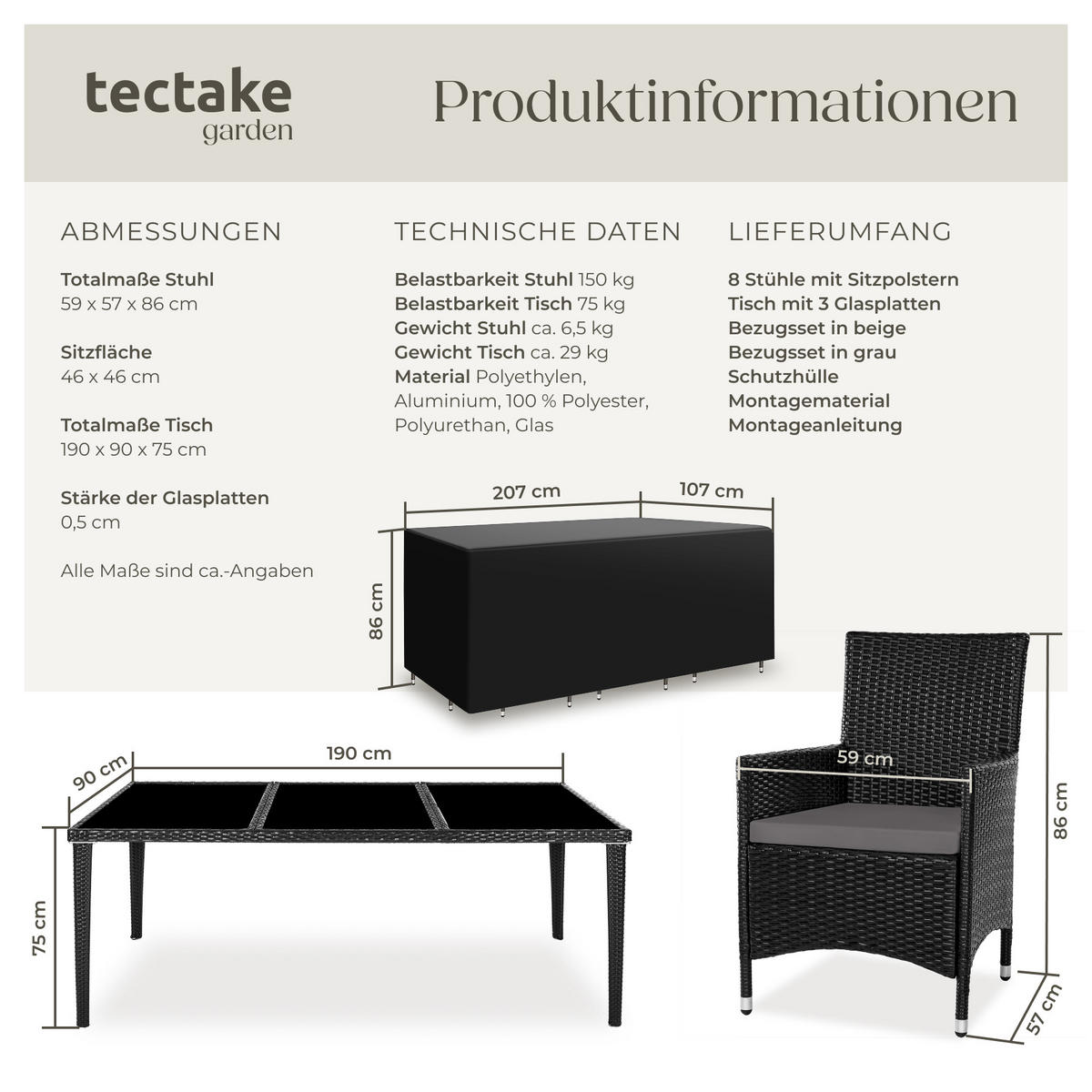 RATTAN SITZGRUPPE Menorca,2 Bezugssets, inklusive Schutzhülle,schwarz - Schwarz, Kunststoff - tectake