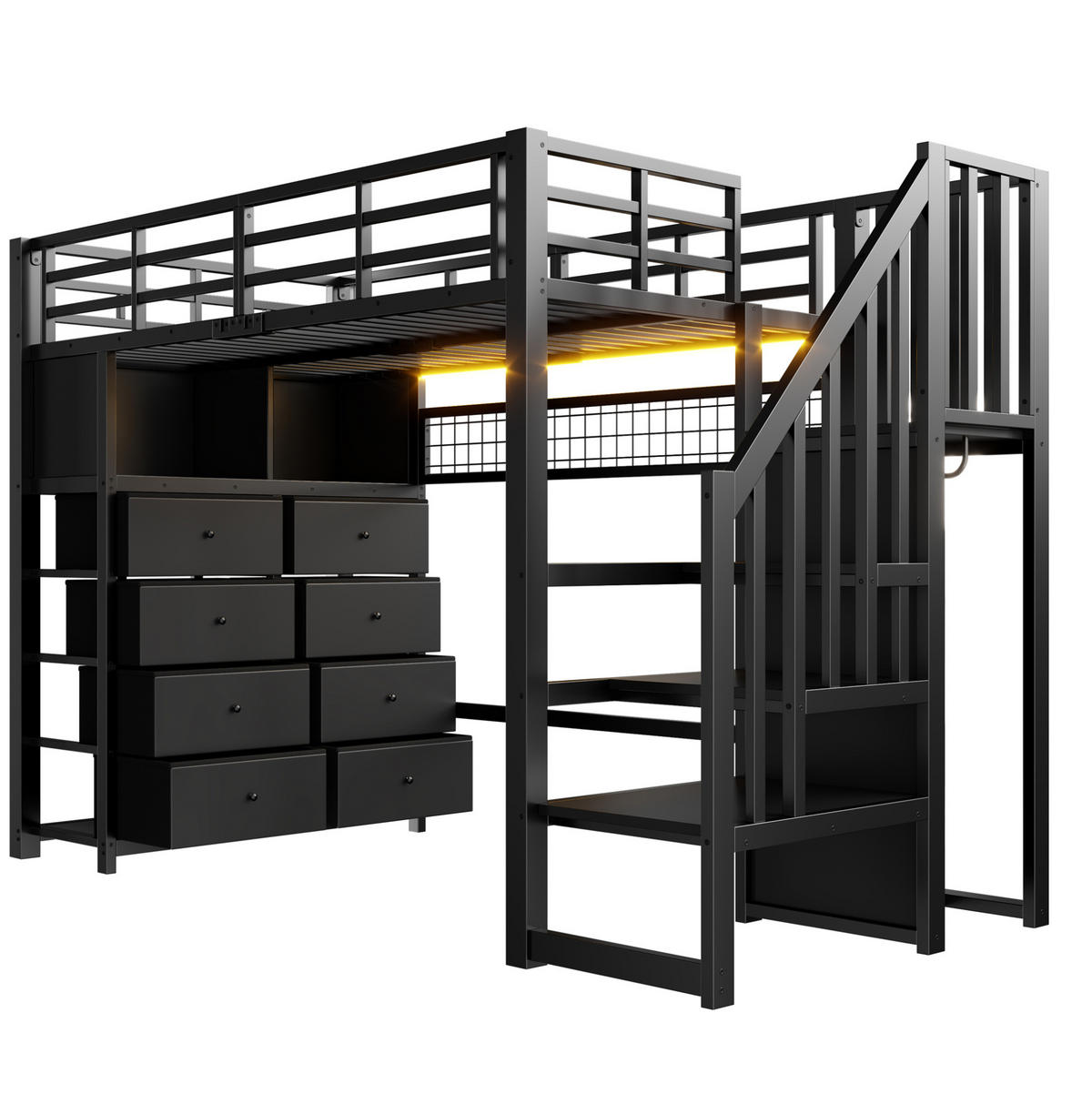 HOCHBETT Metall/MDF 90x200 cm Schwarz mit 8 Schubladen, Treppe, Kleiderschrank und LED - Schwarz, Holzwerkstoff (90/200cm) - Modfu
