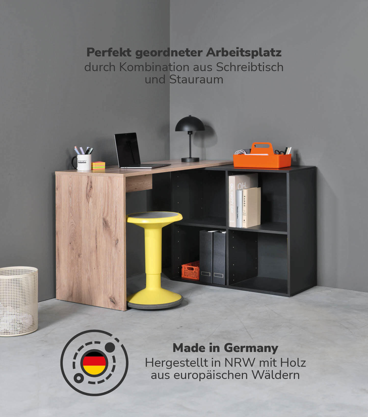 ECKSCHREIBTISCH Der Produktive - Eichefarben/Schwarz, Holzwerkstoff (54/112/77cm) - Mokebo