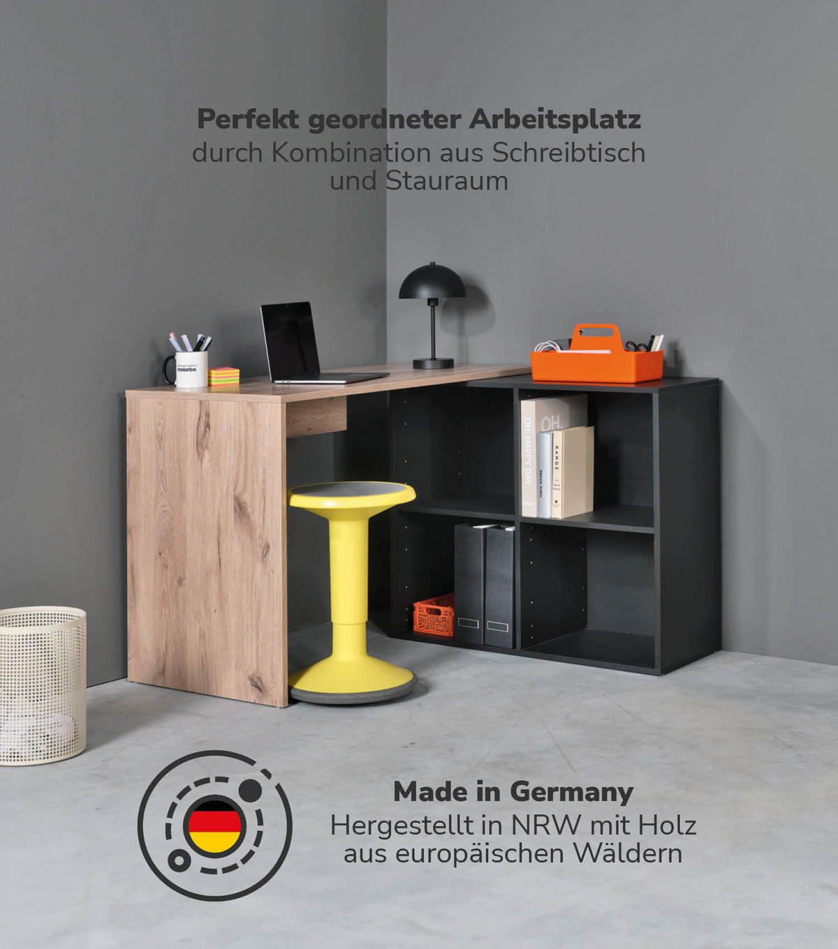 ECKSCHREIBTISCH Der Produktive - Eichefarben/Schwarz, Holzwerkstoff (54/112/77cm) - Mokebo