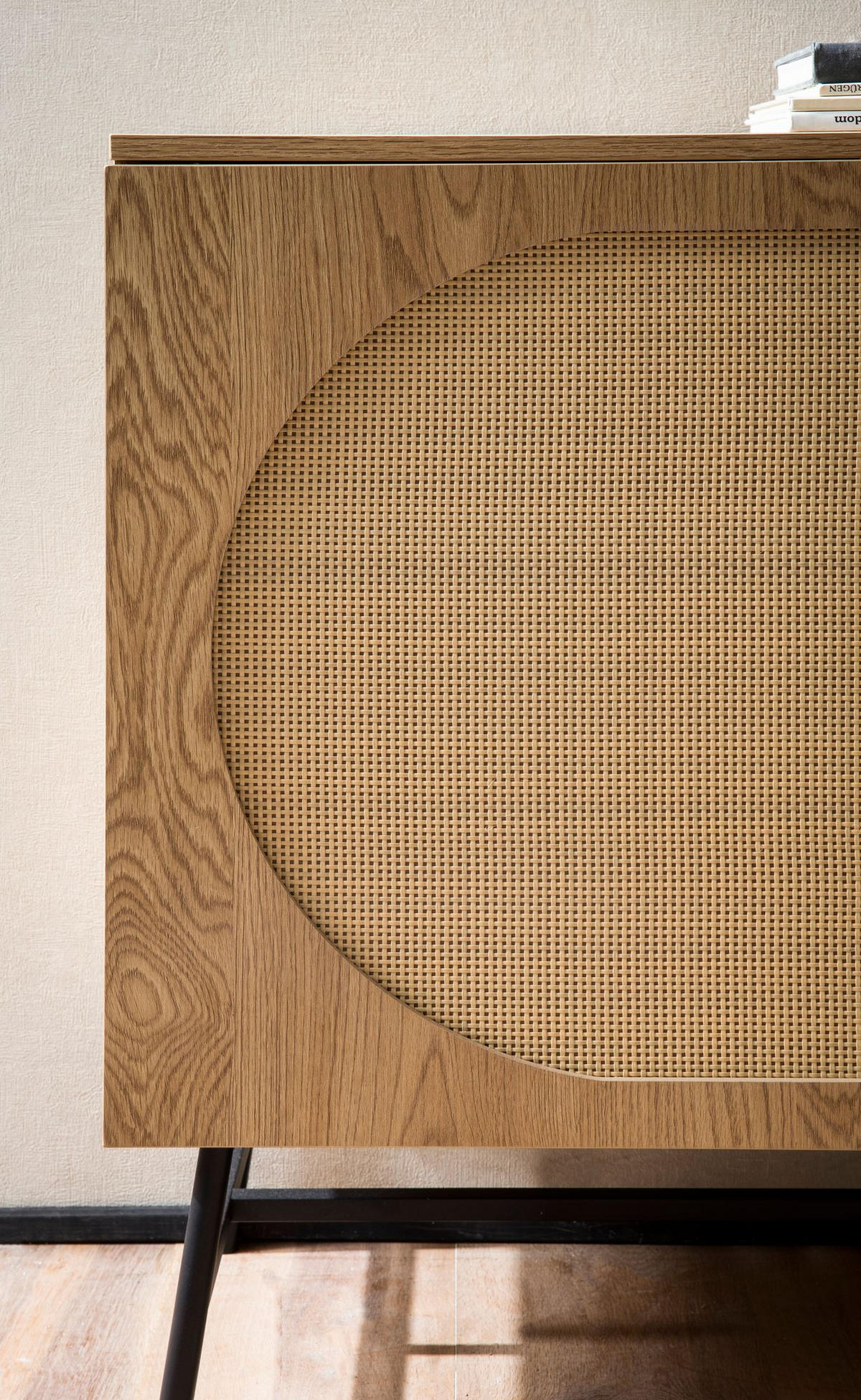 SIDEBOARD – Eiche-Dekor/Rattan, 140x80x40 cm, 2 Türen, 3 Schubladen, hoch - Schwarz/Braun, Holzwerkstoff/Metall (140/80/40cm) - KADIMA DESIGN