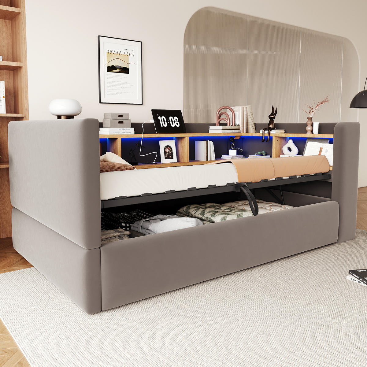 POLSTERBETT 90*190 cm mit Hydraulik, LED und Ablagen, Dunkelgrau - Dunkelgrau, Textil (90/190cm) - FLIEKS