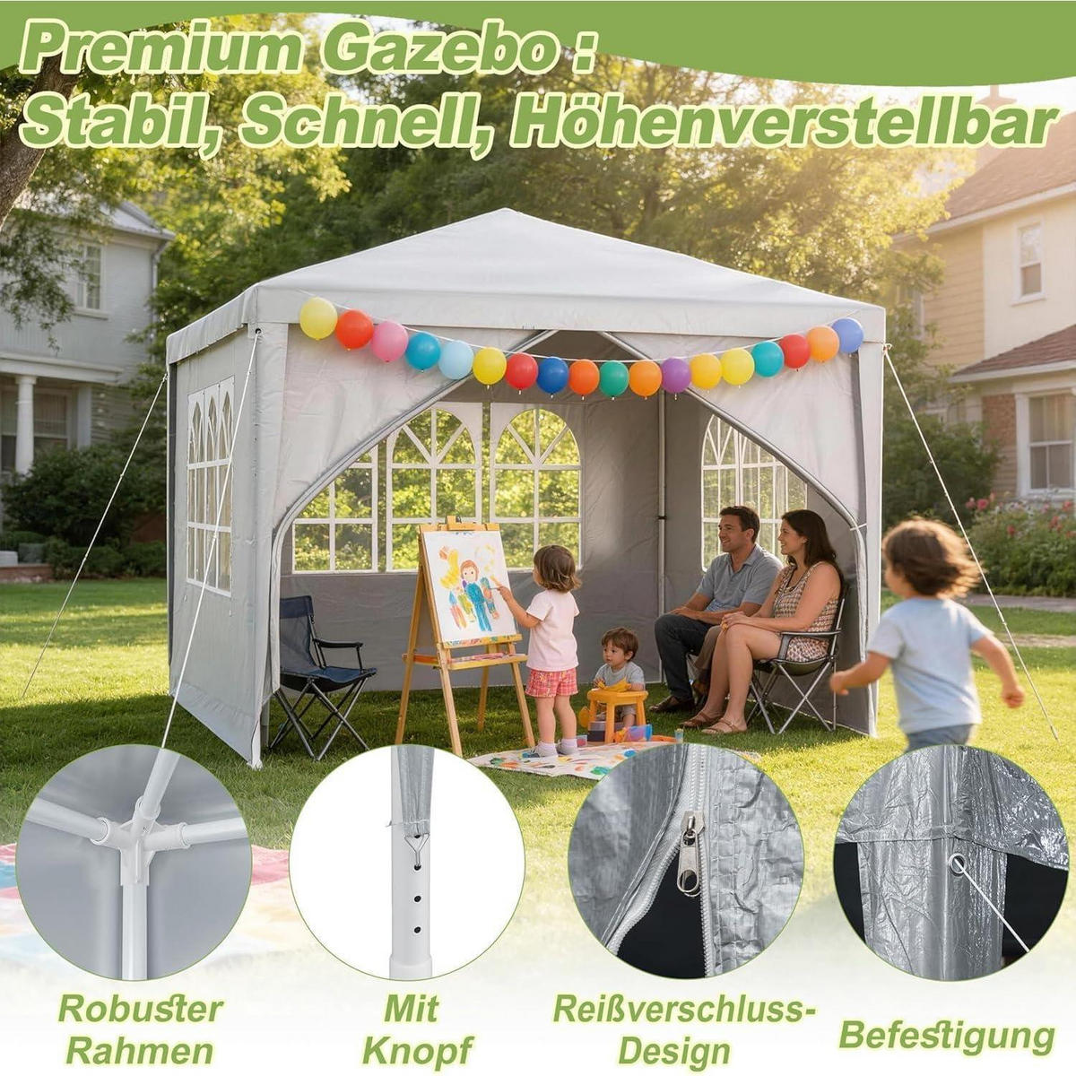 GARTENPAVILLON 3 x 3 m Grau mit Fenstern - Grau, Textil (250/300/300cm)