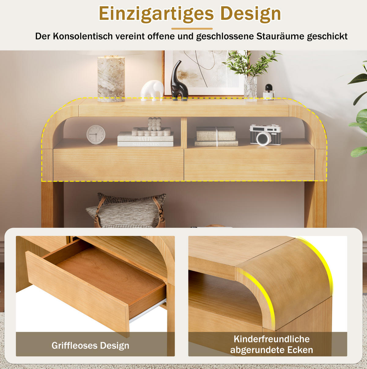 KONSOLENTISCH aus MDF 120x35,5x76,5 cm Natur mit 2 Schubladen, offenen Fächern und verstellbaren Füßen - Naturfarben, Holzwerkstoff (35.5/120/76.5cm) - Modfu