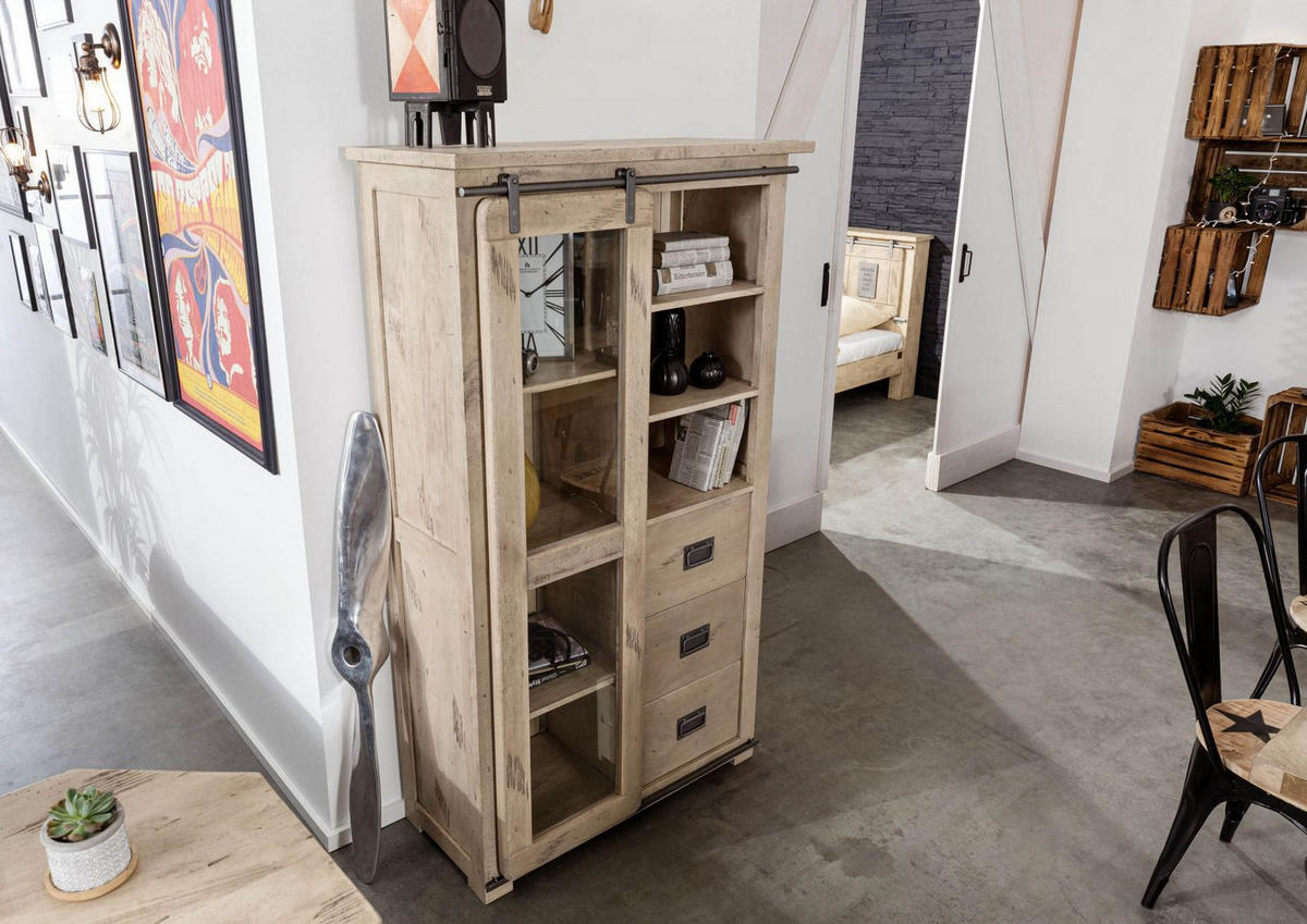 VITRINE Mango 100x45x175 whitewash lackiert RAILWAY #326 - Beige, Holz (100/175/45cm) - Massivmoebel24