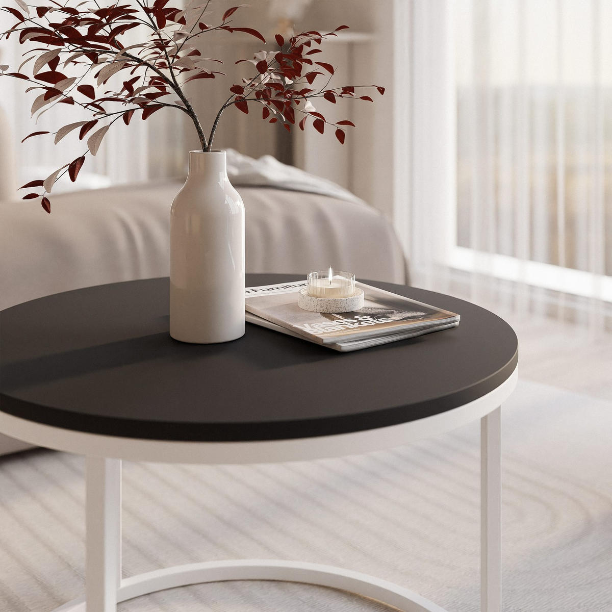 COUCHTISCH 60 cm rund Schwarz, Weiß Gestell - Schwarz, Holzwerkstoff (60/60/42cm) - Idohome