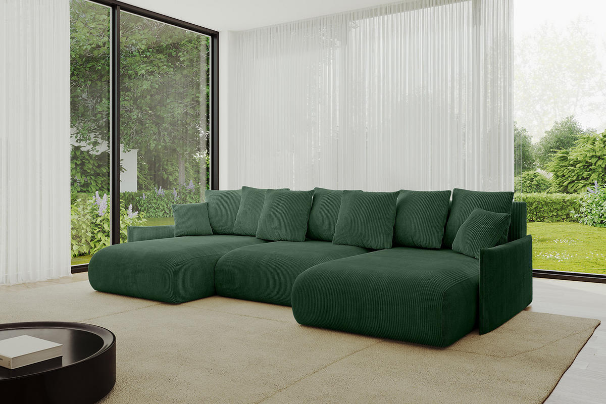 WOHNLANDSCHAFT mit Schlaffunktion und Bettkasten ONESK-U-v1 304x165x40 Grün Cord - Grün, Holzwerkstoff/Kunststoff (304/90/165cm) - ALTDECOR