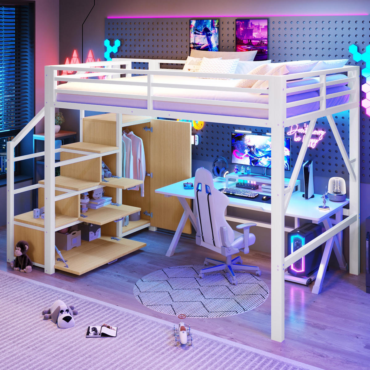 HOCHBETT 140/200 cm Weiß mit LED und Kleiderschrank - Weiß, Metall (140/200cm) - MIVRAY