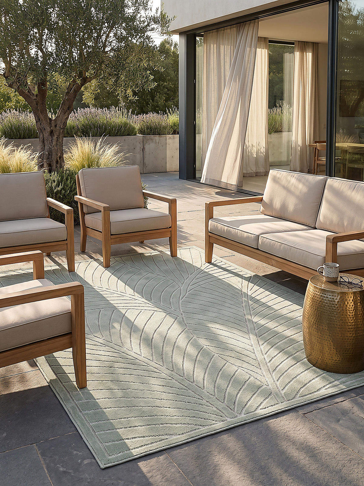 TEPPICH Outdoor, Fußbodenheizung-geeignet, mit Blattmotiv, ENGADIN in Salbeigrün, 280 x 370 cm - Grün, Textil (280/370cm) - KADIMA DESIGN