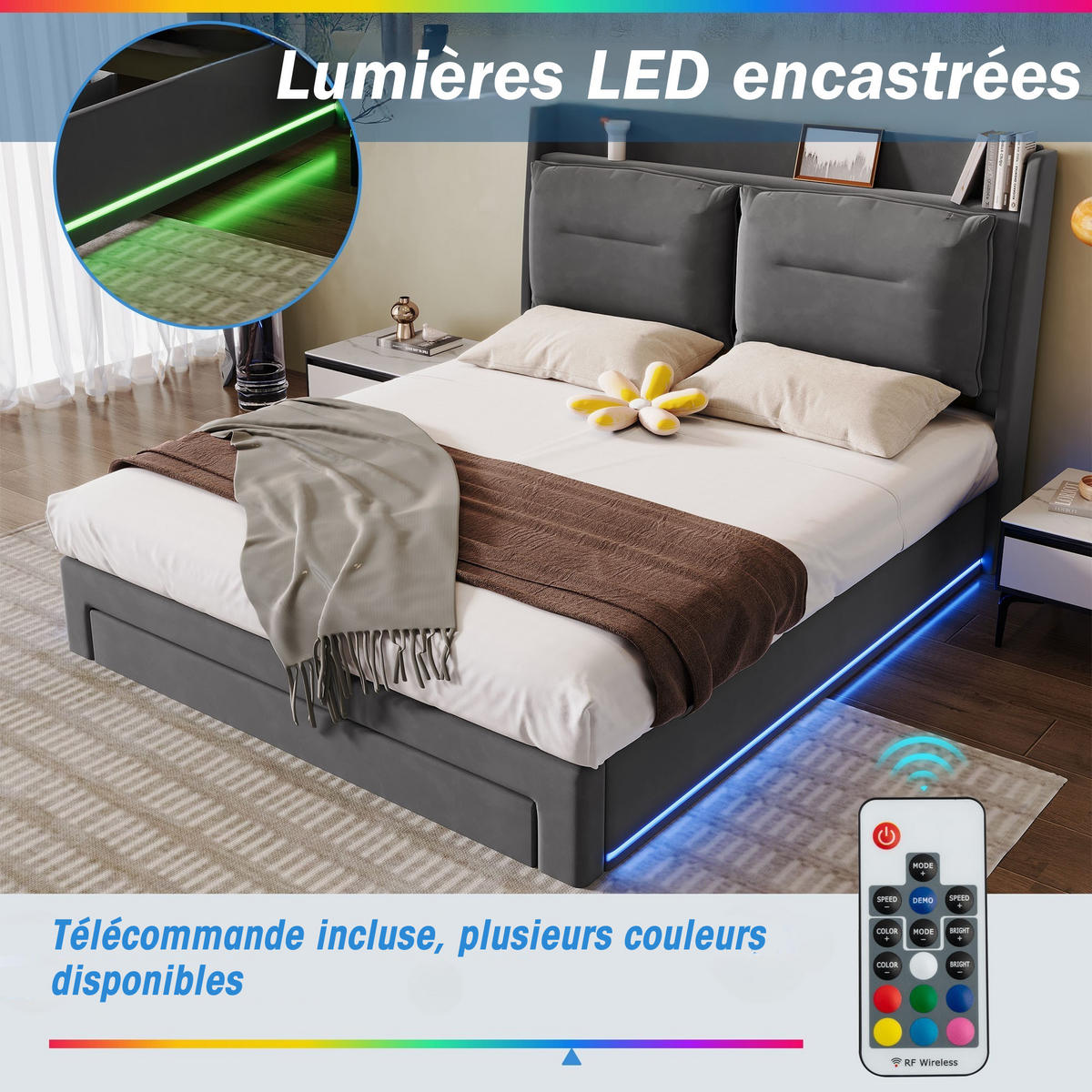 POLSTERBETT 140x190cm Grau Samt Mit LED & 2 Schubladen - Dunkelgrau, Textil (140/190cm) - FLIEKS