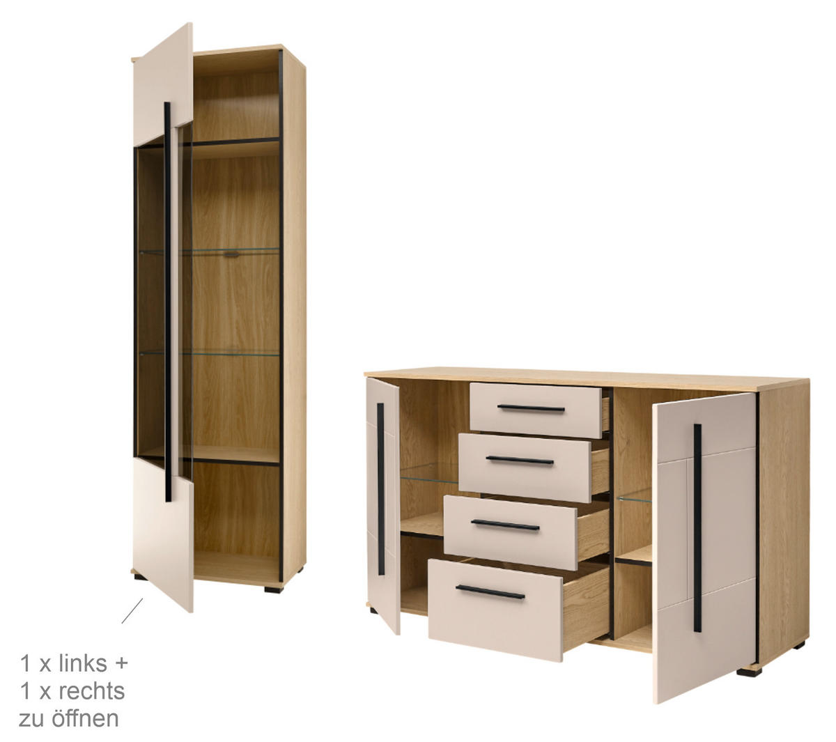 WOHNWAND Kaschmir, Eiche 3-teilig 290 cm, Wohnzimmer Set mit Soft-Close - Kaschmir/Eichefarben, Glas/Holzwerkstoff (290/200/42cm) - Furn.Design