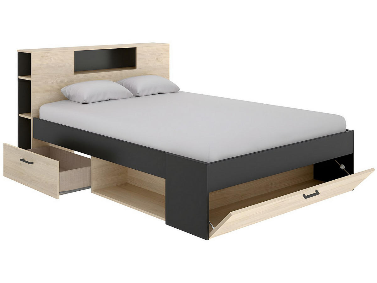 BETT mit Kopfteil, Stauraum & Schubladen + Lattenrost + Matratze - 160 x 200 cm - Naturfarben & Anthrazit - LEANDRE - Anthrazit, Holz (169.5/228.5cm) - Vente-Unique
