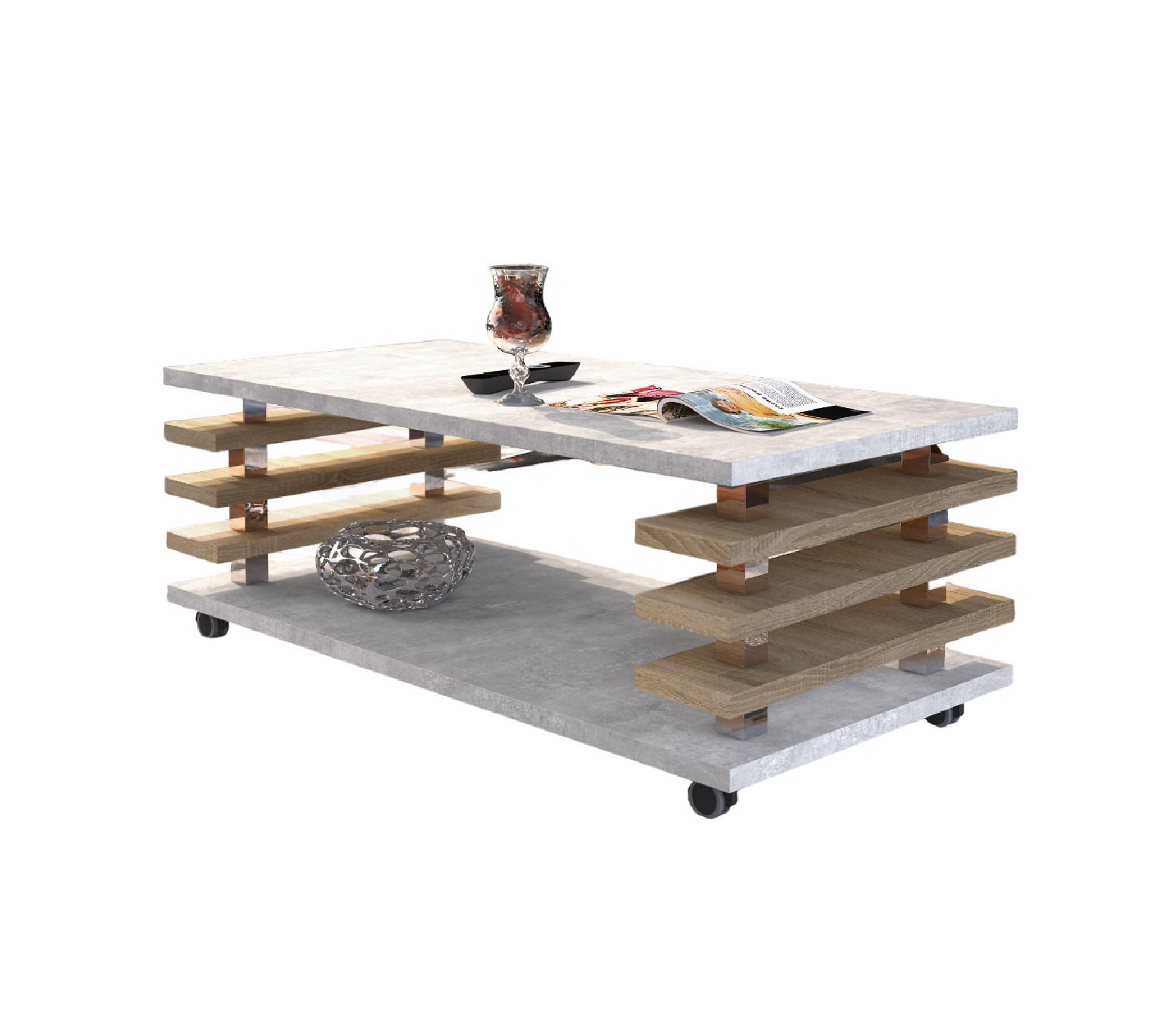 COUCHTISCH rechteckig Beton Sonoma - Eiche Ablage Rollen - Hellgrau/Sonoma Eiche, Holzwerkstoff (60/120/45cm) - designimpex