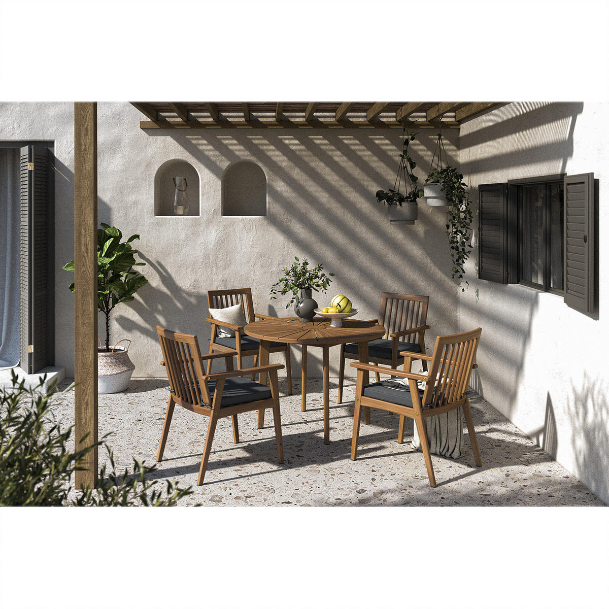 GARTENESSGRUPPE - Akazie massiv / Polyester - Braun / Grau - 5-teilig - Braun/Grau, Holz/Textil - home24