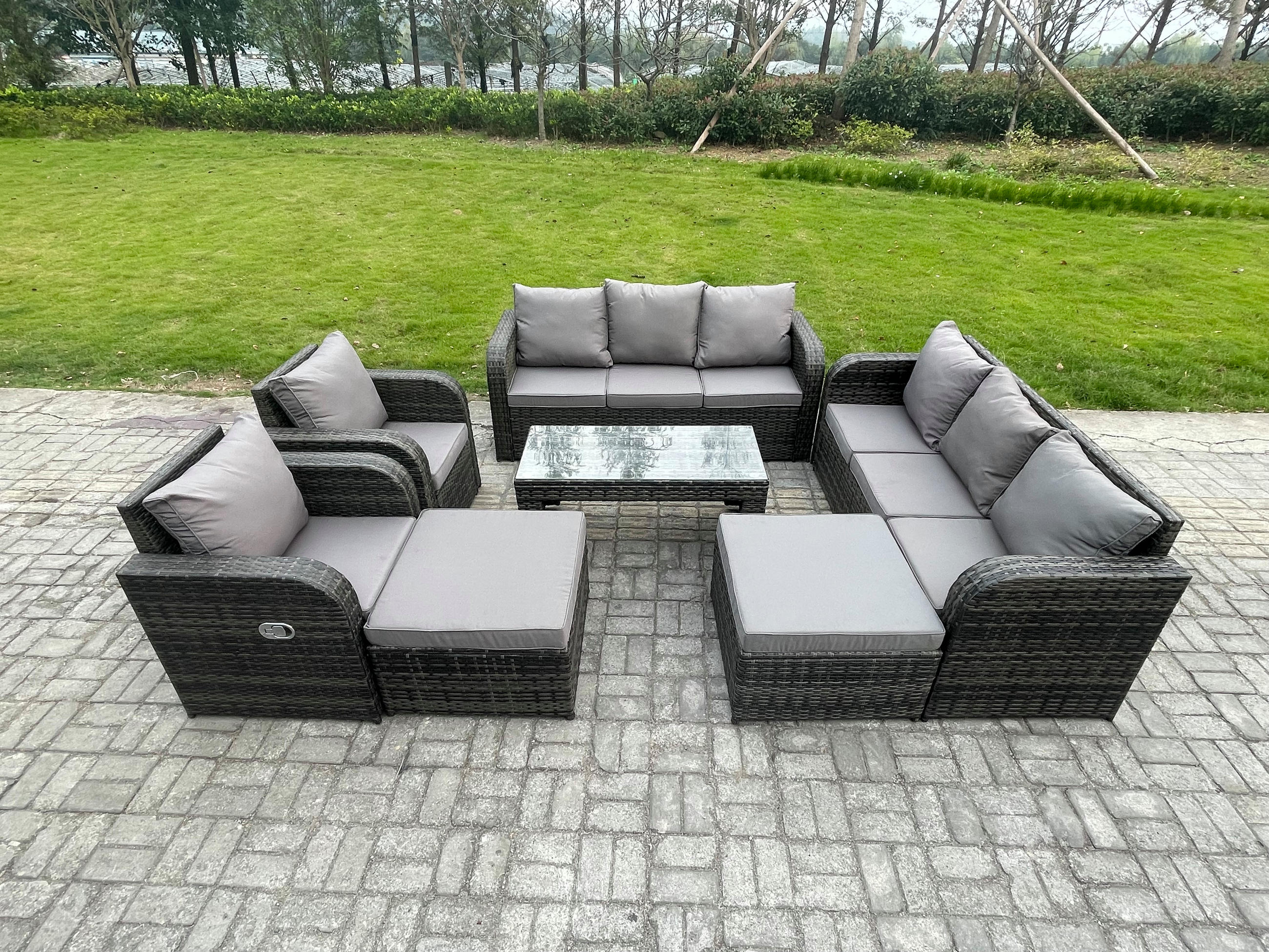 GARTENMÖBEL SET mit Sofa Polyrattan 10-Sitzer Dunkelgrau - Dunkelgrau/Grau, Glas/Kunststoff - Fimous