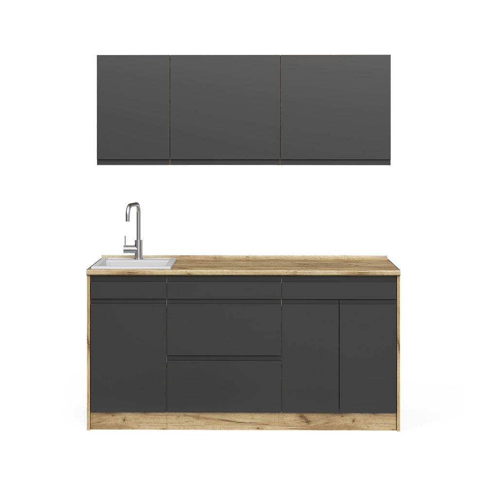 SINGLEKÜCHE R-Line, Anthrazit/Goldkraft Eiche, 160 cm Arbeitsplatte Weiß - Eichefarben/Anthrazit, Holzwerkstoff (160/81.6/60cm) - Vicco
