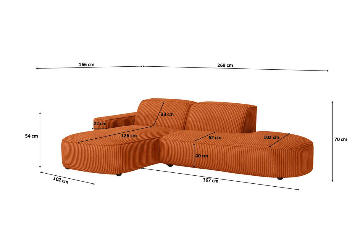 ECKSOFA Cursal Atelier, Stoff Poso, Kupfer, Links - Orange, Holz (269/166cm) - Kaiser Möbel