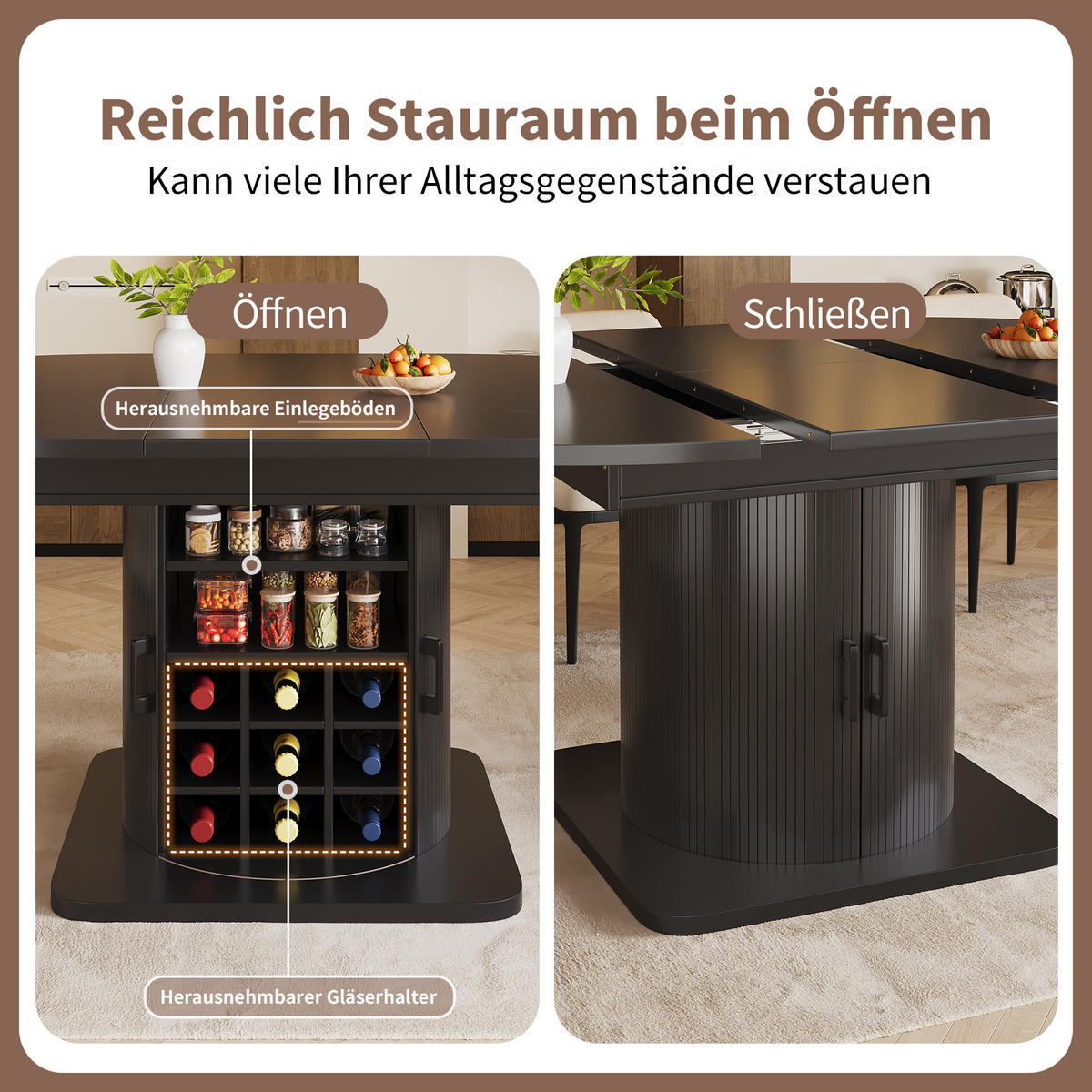 ESSTISCH Ausziehbar Stauraum MDF Schwarz - Schwarz, Metall (118/118/76cm) - FLIEKS