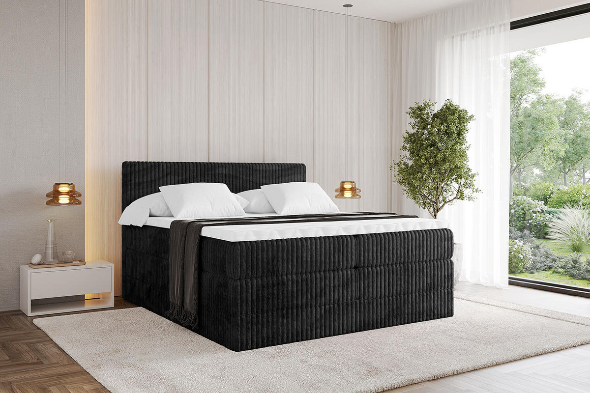 BOXSPRINGBETT mit Matratze H3|H4 und Lattenrost - TOLO KING 180x200 Cord - Schwarz - Schwarz, Holzwerkstoff (180/200cm) - ALTDECOR