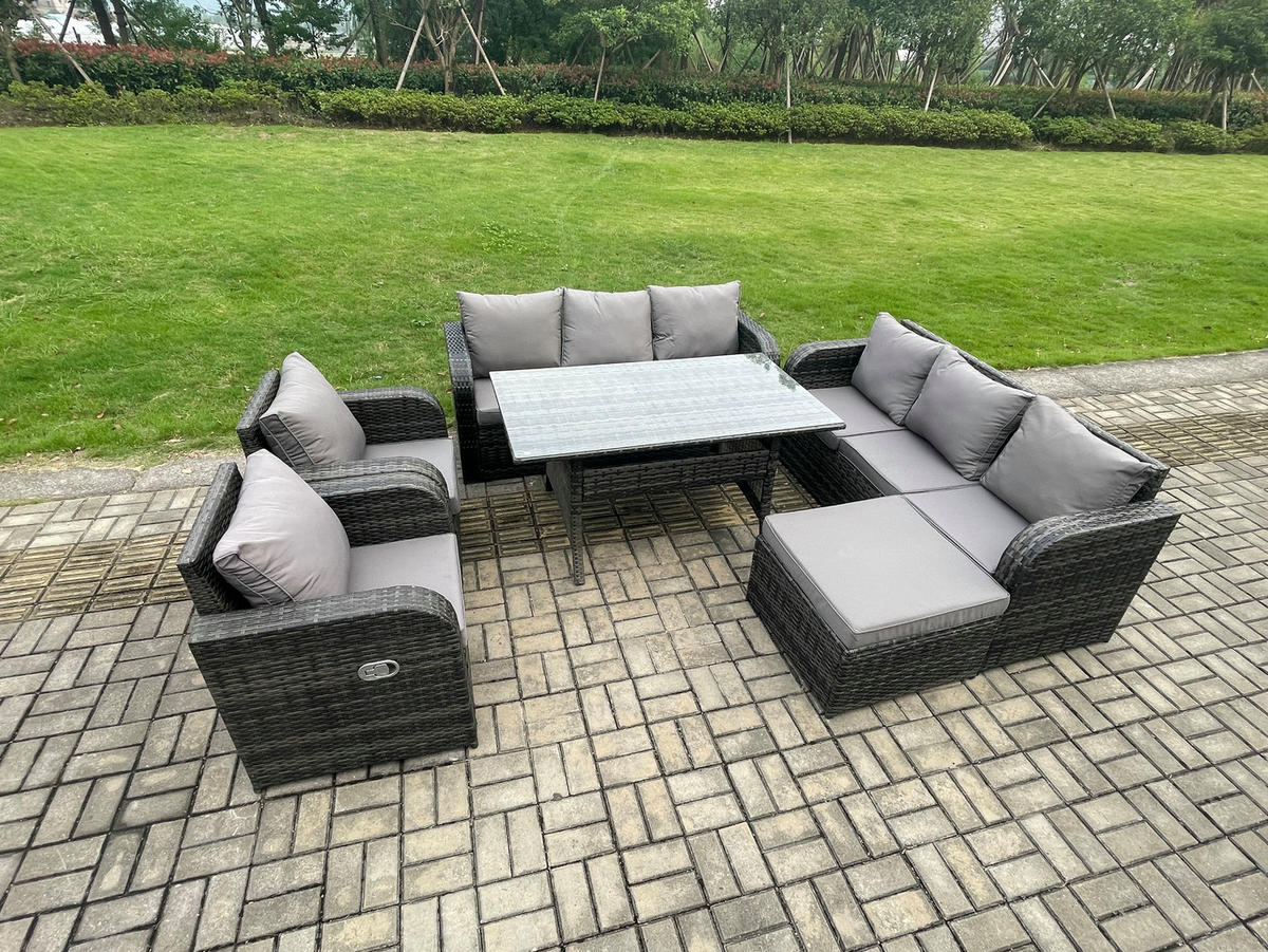 GARTENTISCHGRUPPE mit Hocker Polyrattan Dunkelgrau 9-Sitzer - Dunkelgrau/Grau, Glas/Kunststoff - Fimous