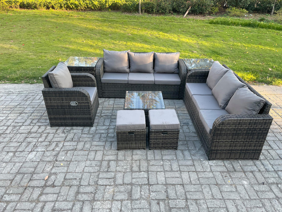 GARTENMÖBEL SET mit 3-SITZER SOFA Polyrattan Dunkelgrau 9-Sitzer - Dunkelgrau/Grau, Glas/Kunststoff - Fimous