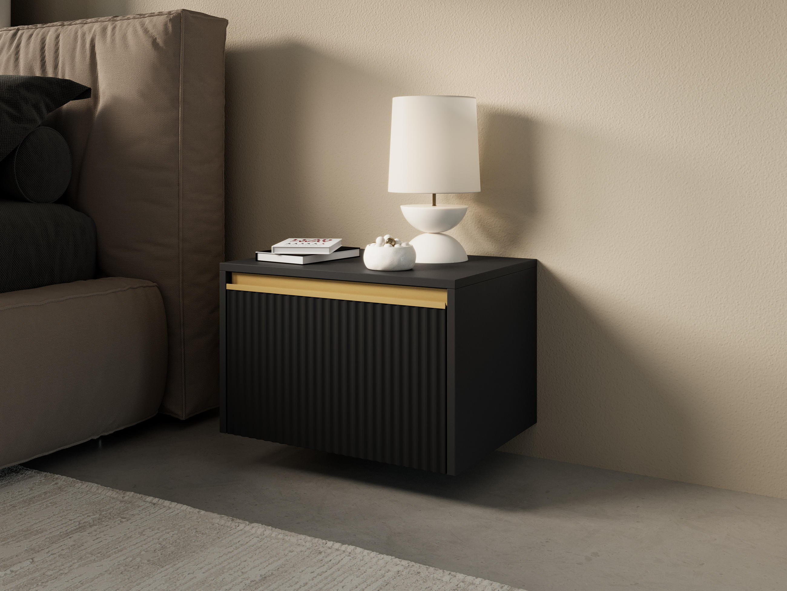 NACHTTISCH Loren in Schwarz mit Schublade und geriffelten Fronten - Goldfarben/Schwarz, Holzwerkstoff/Kunststoff (54/42/39cm) - Ravio