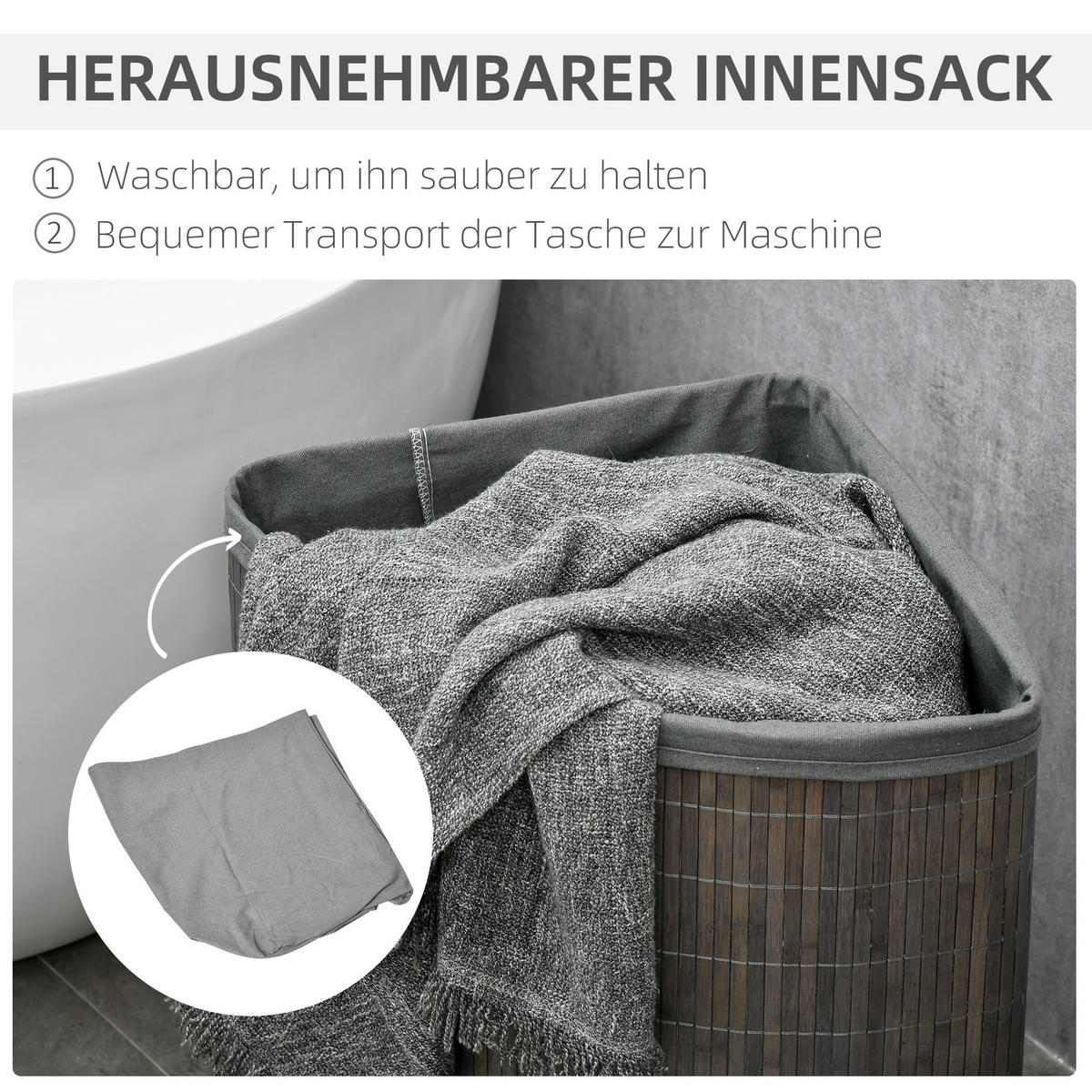 WÄSCHEKORB mit Deckel 55L, Bambus, Grau - Grau, Naturmaterialien (38/57/38cm) - HOMCOM