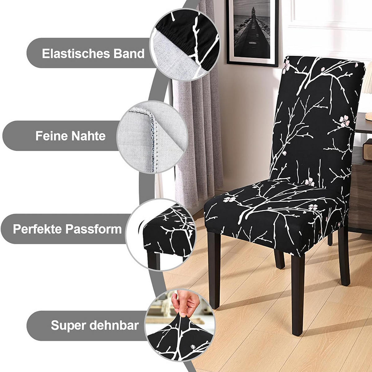 STUHLHUSSE Stretch Waschbar(4-tlg. Set) - Schwarz, Textil (15/25cm) - Kaket