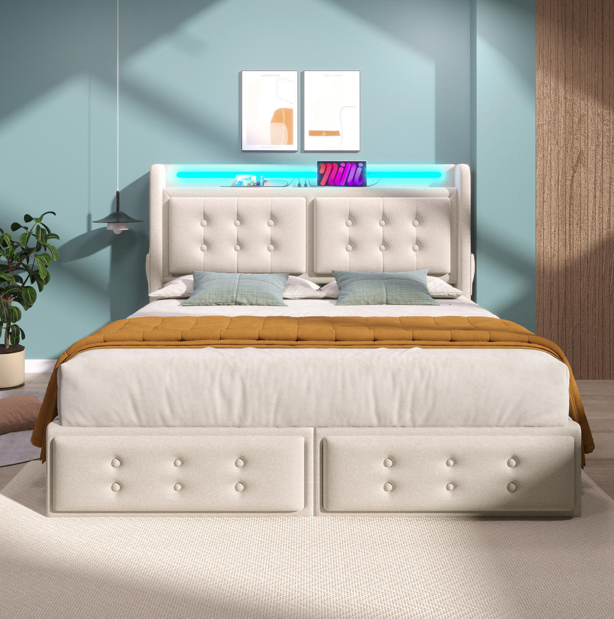 BETT mit Matratze 140x200 cm Beige Baumwoll-Leinen mit LED und 4 Schubladen - Beige, Metall (140/200cm) - Meubliv