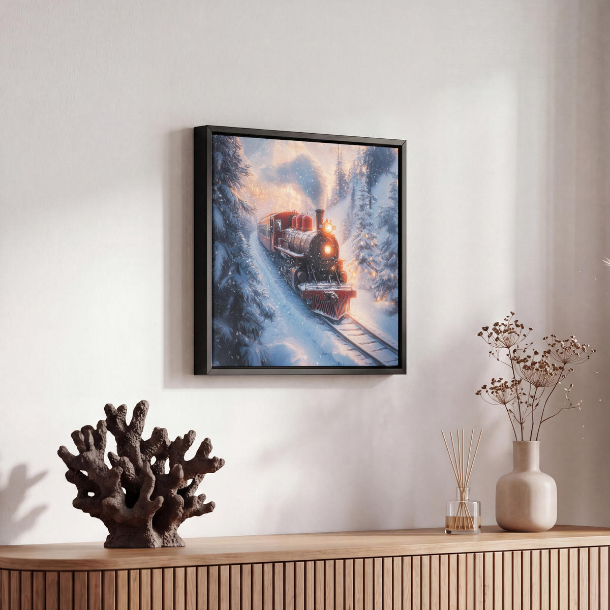 LEINWAND Bilder mit Rahmen - Weihnachtszug - Schnee - Winter - Weihnachten - 20x20 - Dunkelrot, Textil (20/20cm) - MuchoWow