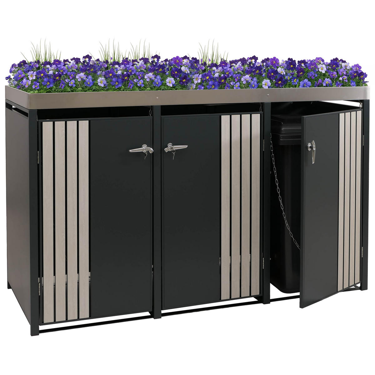 MÜLLTONNENBOX 3er mit Pflanzkasten HxBxT 125x196x84cm Anthrazit Holzoptik hell - Anthrazit, Metall (196/125/84cm) - PROREGAL
