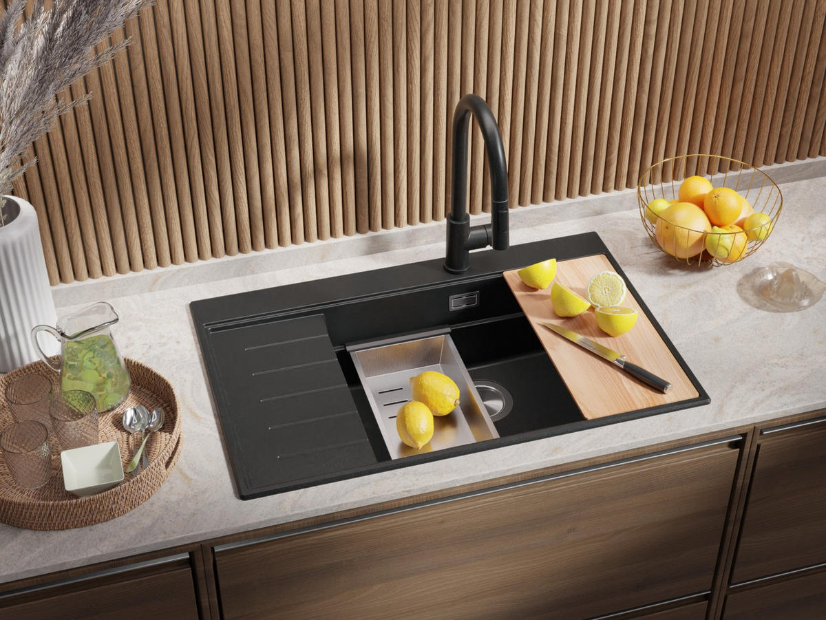 SPÜLBECKEN Sydney, 2-er set Anthrazit 78/50 cm 1 Becken + Ablauf-Set + Küchenzubehörset ab 60er Unterschrank - Chromfarben/Anthrazit, Kunststoff (78/20/50cm) - Primagran