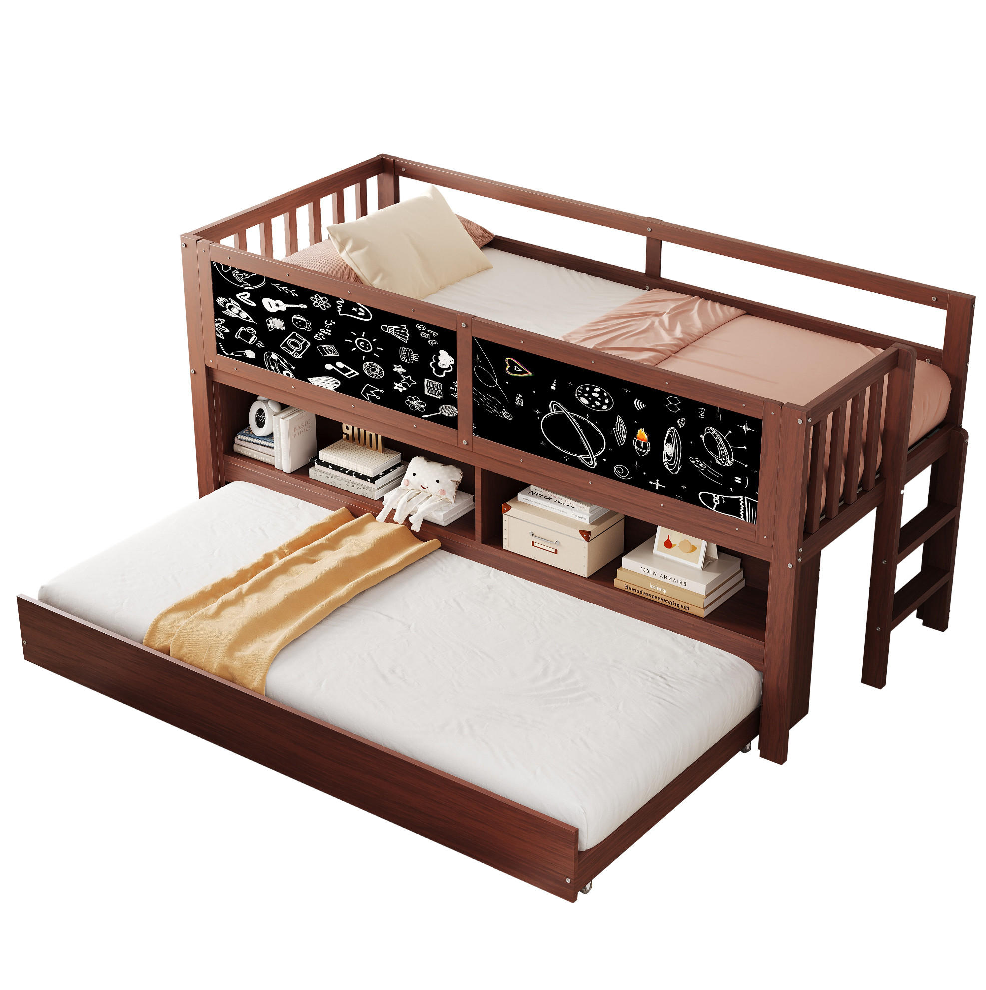 HOCHBETT 90/200 cm mit Ausziehbett, Tafel und offenen Regalfächern aus Holzwerkstoff, Braun - Braun, Holzwerkstoff (90/200cm) - Redom