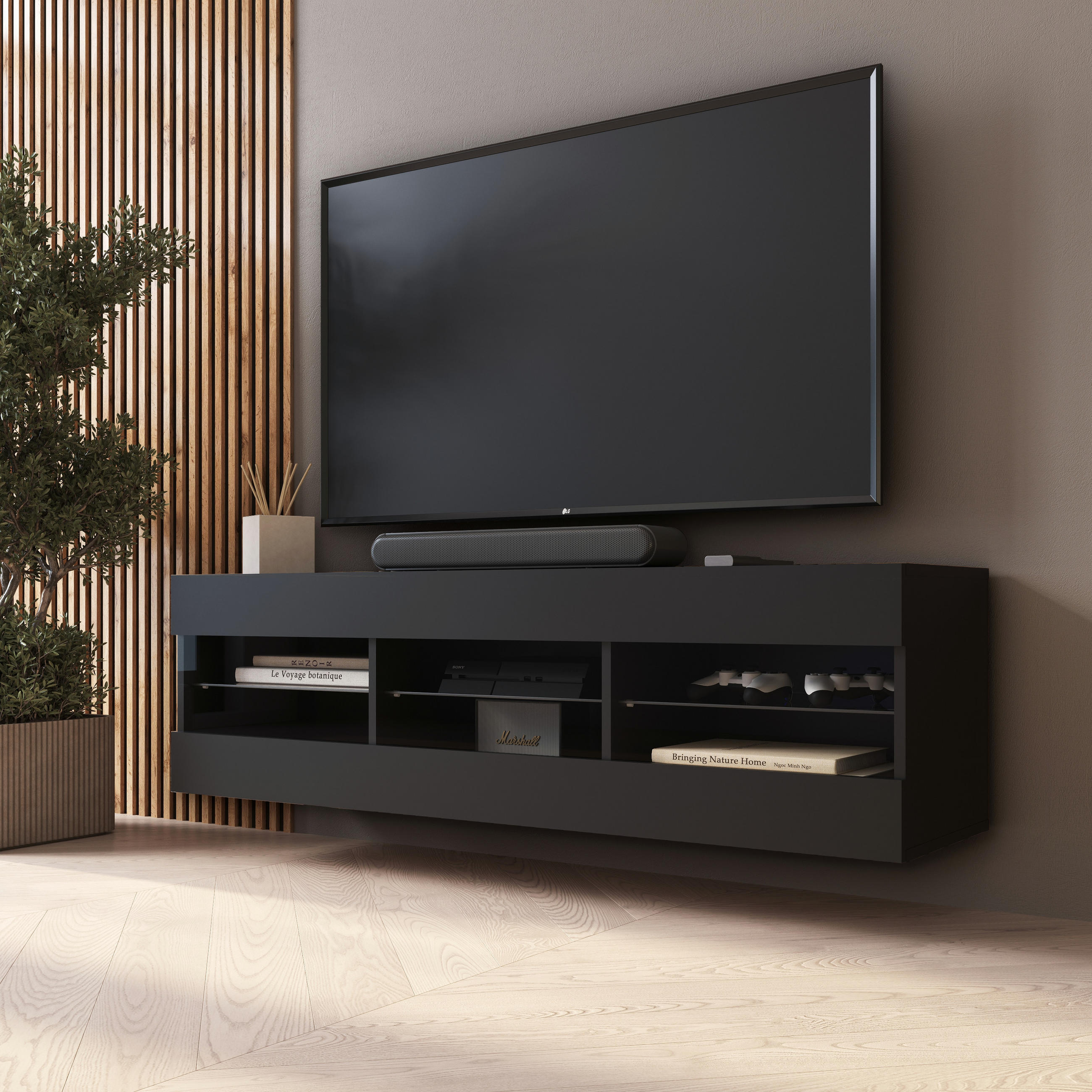 Thumbnail - Komodee Lowboard, Schwarz, Schwarz, Glas, 3 Fächer, Rechteckig, 140x40.5x35.5 cm, Wohnzimmer, Wohnwände, Lowboards, Lowb...