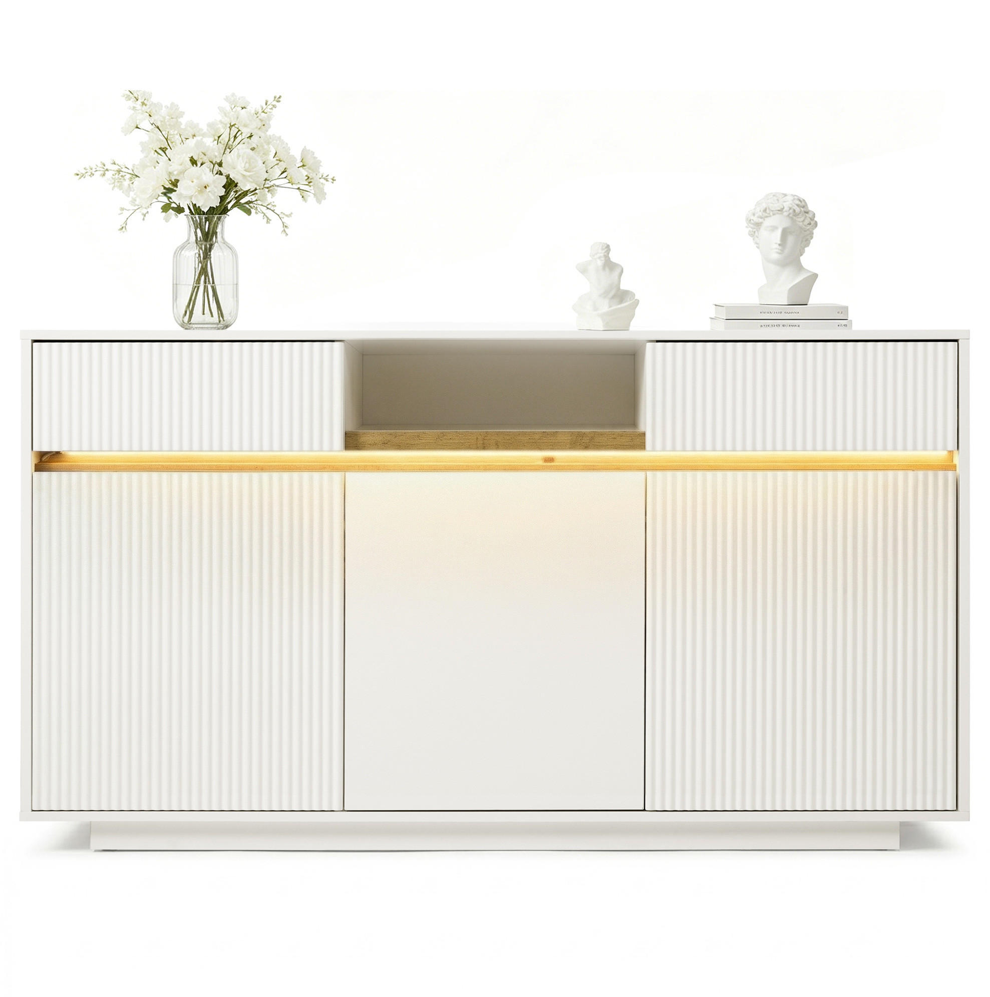 SIDEBOARD 140/40/85 cm in Weiß mit LED-Beleuchtung und 2 Schubladen - Weiß, Holzwerkstoff (140/85/40cm) - Flora Grace