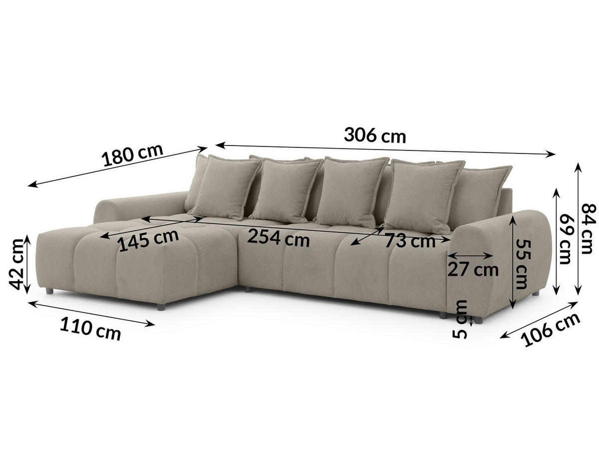 ECKSOFA inkl. Hocker Bubble mit Schlaffunktion und losen Rückenkissen, Sitzfläche in Bubble-Optik aus weichem Taupe Strukturstoff - Ottomane Links - Taupe/Schwarz, Holz/Kunststoff (180/306cm) - S-Style Möbel