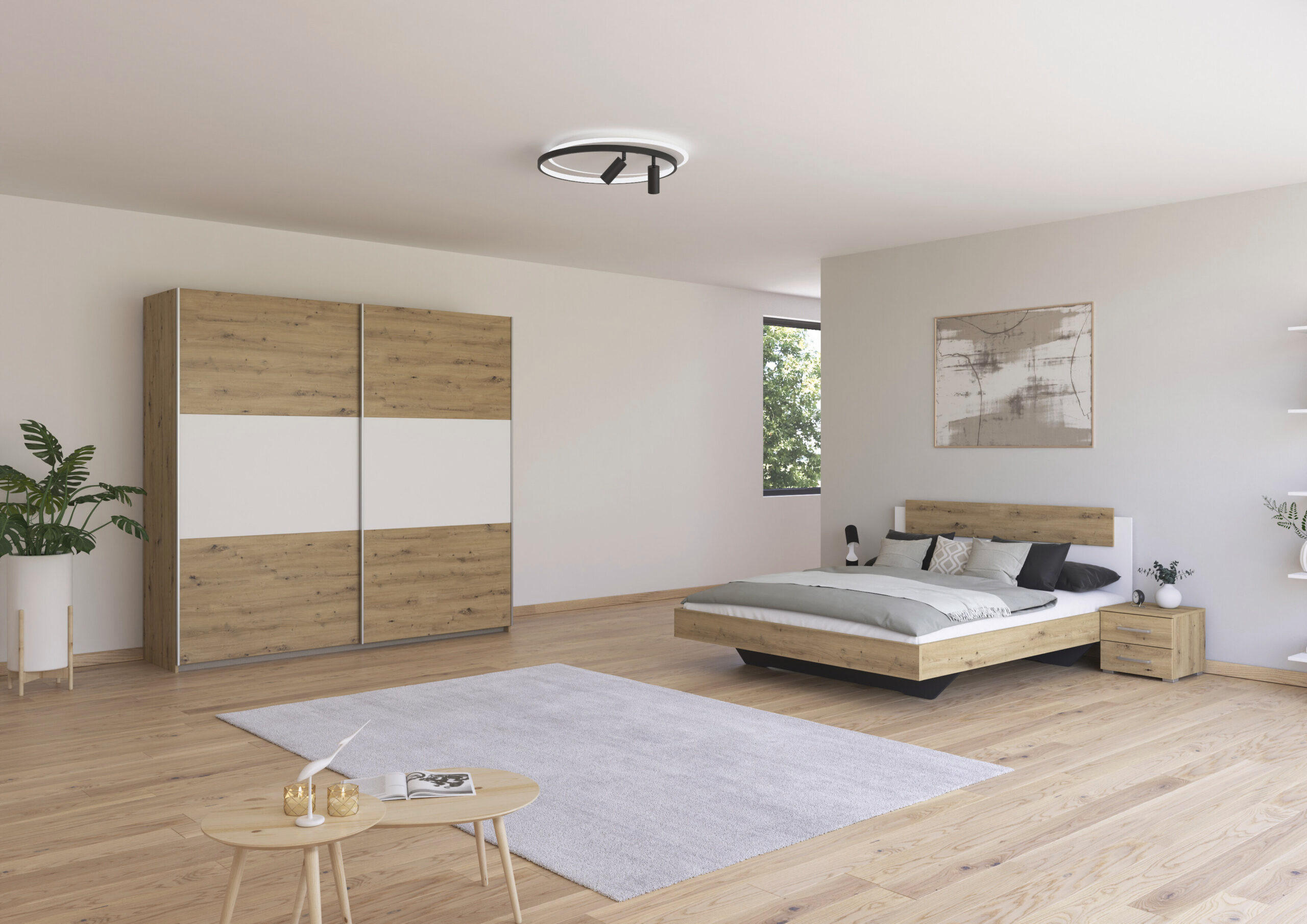 SCHLAFZIMMER Borba in Eiche und Weiß 4 teilig – mit Bettanlage 160x200cm, zwei Nachttisch und Schwebetürenschrank 218cm Breite - Braun, Holzwerkstoff (80/200/120cm)