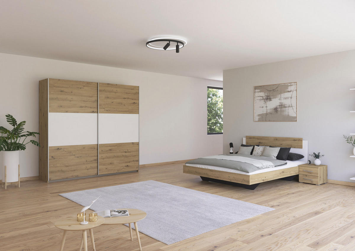 SCHLAFZIMMER Borba in Eiche und Weiß 4 teilig – mit Bettanlage 160x200cm, zwei Nachttisch und Schwebetürenschrank 218cm Breite - Braun, Holzwerkstoff (80/200/120cm)