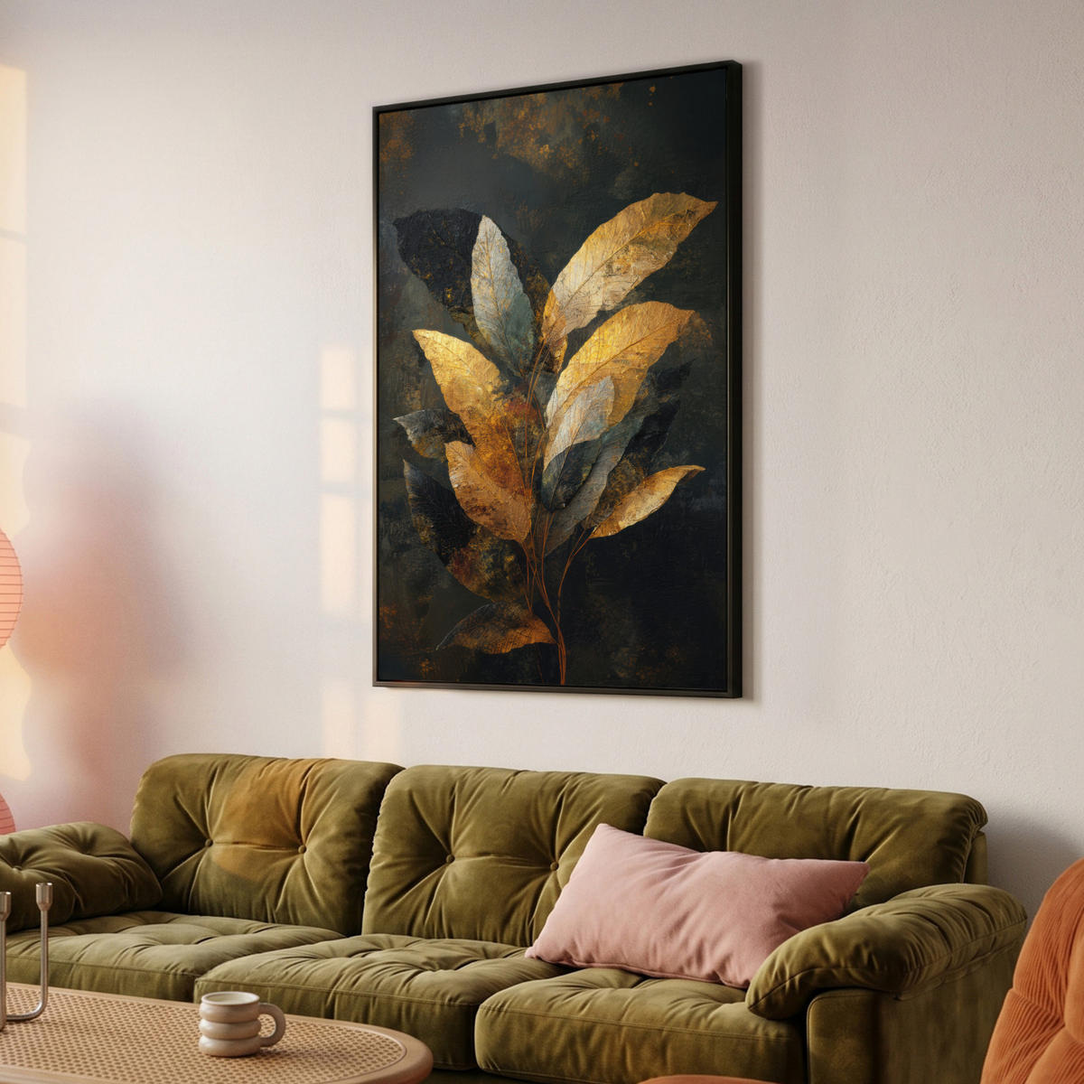 LEINWAND Bilder mit Rahmen - Golden Leaf Komposition - Botanical Luxury - 90x140 - Goldfarben, Textil (90/140cm) - MuchoWow
