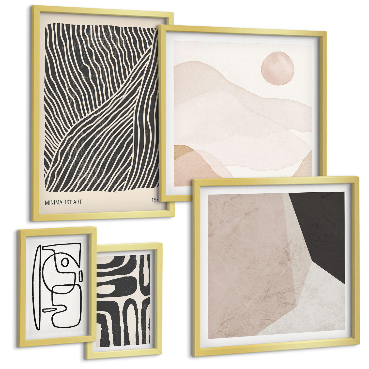 BILDER SET 5er Set - 50x50 cm & 20x30 cm & 40x60 cm Goldrahmen - Abstrakte Muster mit Linien - Goldfarben, Kunststoff (40/60cm) - TULUP