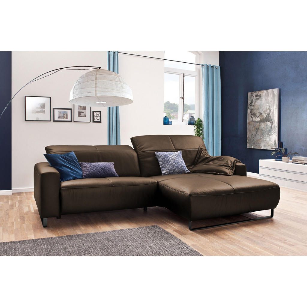 Thumbnail - Kawola Ecksofa, Walnuss, Schwarz, Leder, Echtholz, 3-Sitzer, Füllung: Komfortschaum, Ottomane rechts, L-Form, 284x180 cm...