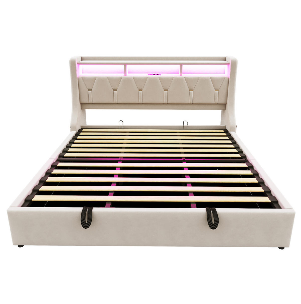 ČALÚNENÁ posteľ 180/200 cm s LED osvetlením, úložným priestorom a zásuvkami USB/Typ-C, Béžová - béžová, textil (180/200cm) - Redom