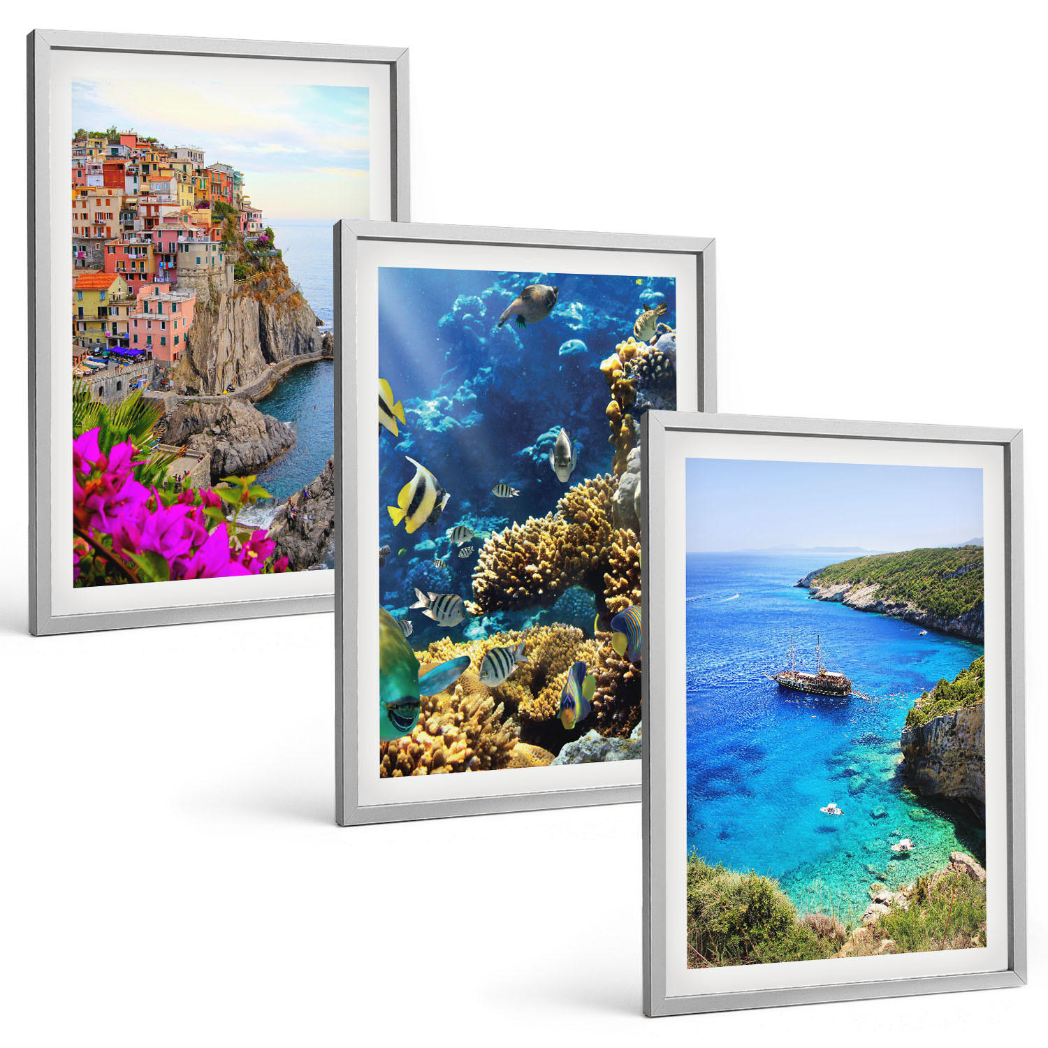 BILDER SET 3er Set - 40x60 cm Silberner Rahmen - Meerblick, farbenfrohe Häuser - Silberfarben, Kunststoff (40/60cm) - TULUP