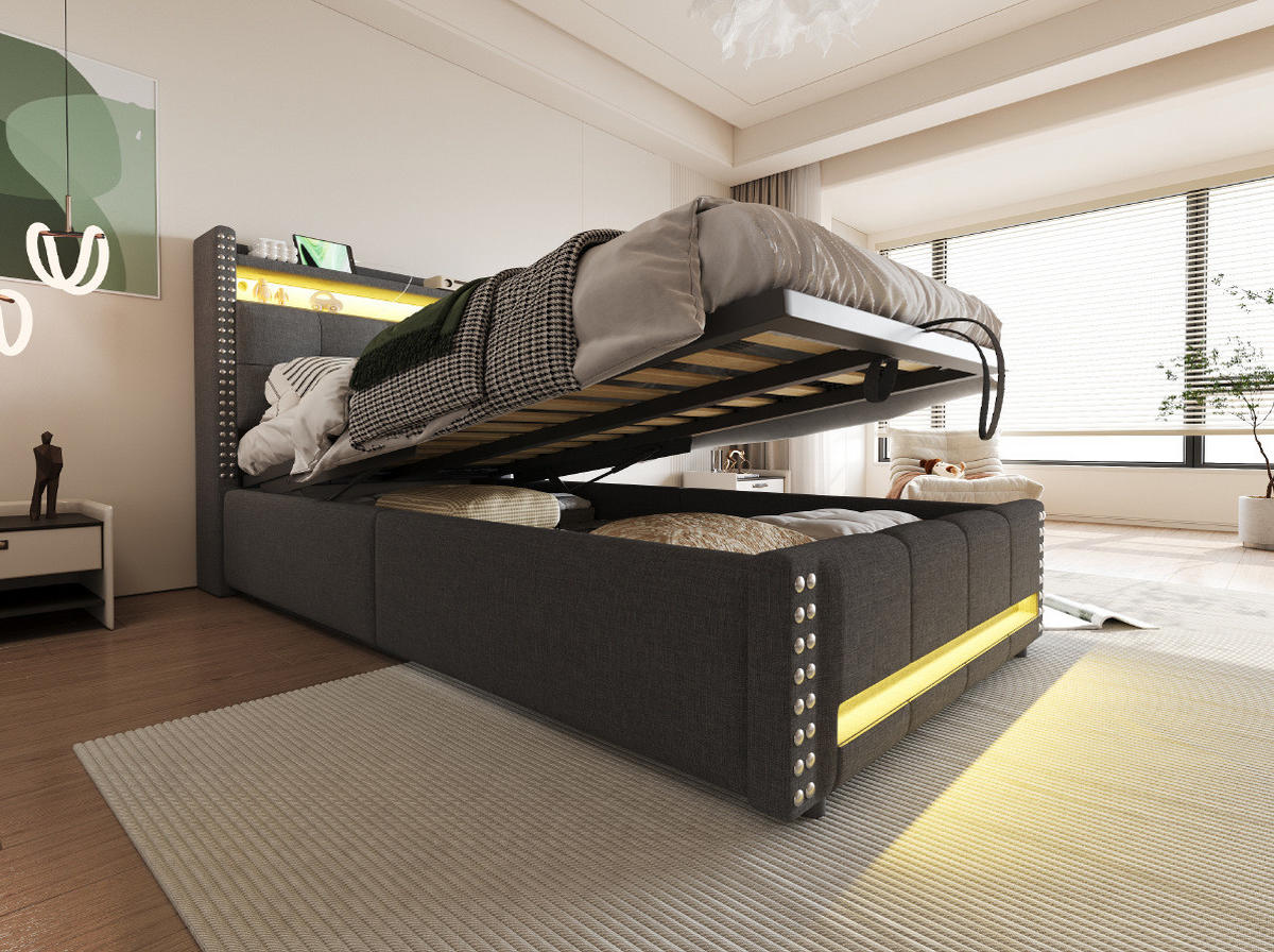 POLSTERBETT 90/200 cm Grau aus Leinenstoff mit LED und Stauraum - Grau, Textil (90/200cm) - OKMYHOME