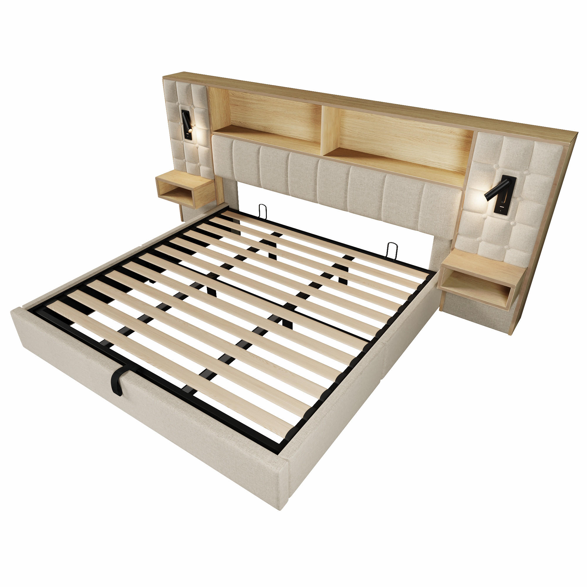 POLSTERBETT 180/200 cm Beige mit LED, 2 Leselampen und 2 integrierte Nachttische - Beige, Textil (180/200cm) - Oxeza