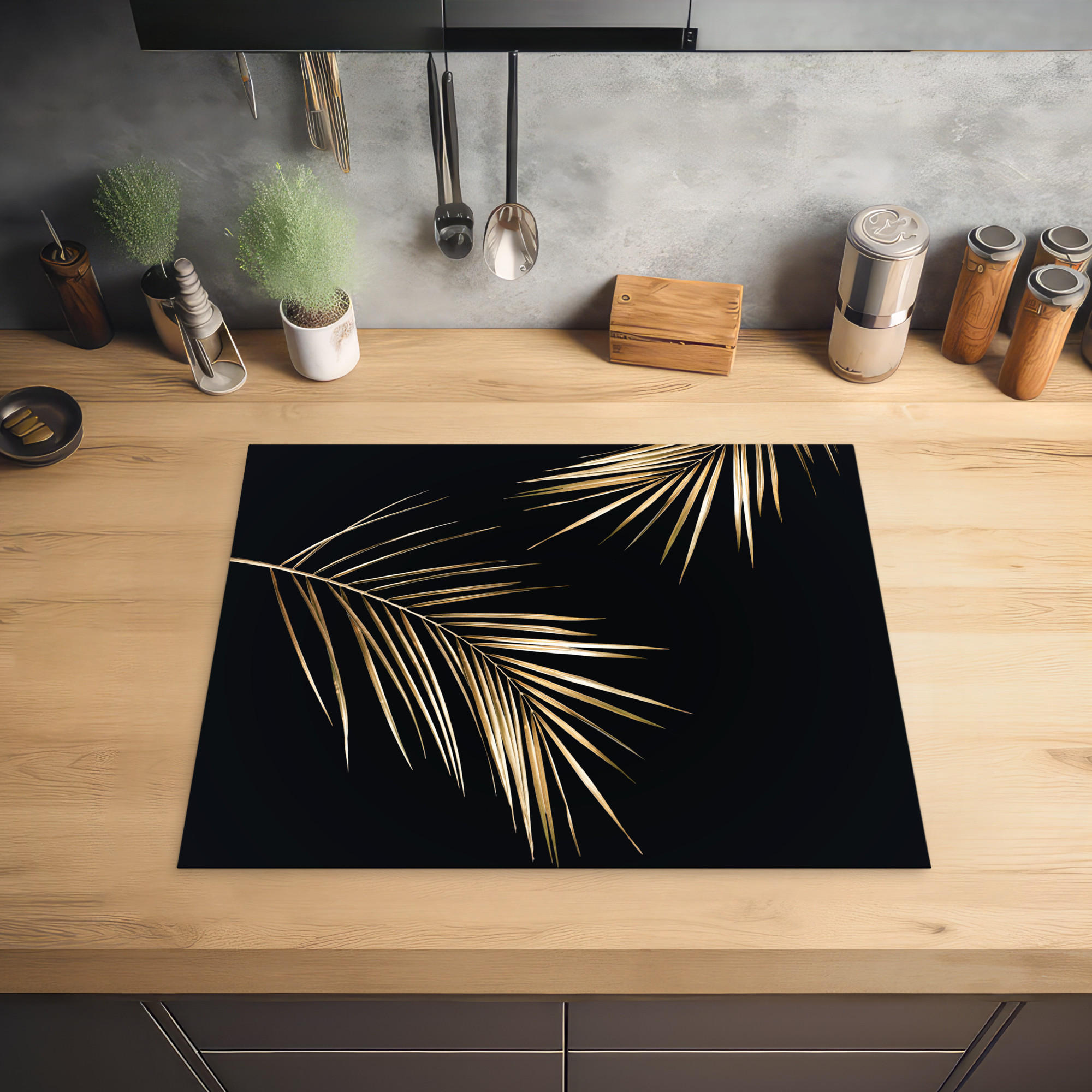 HERDABDECKPLATTE Blätter - Pflanzen - Gold - Schwarz - Luxus 65x52 cm - Goldfarben, Kunststoff (65/0.2/52cm) - MuchoWow