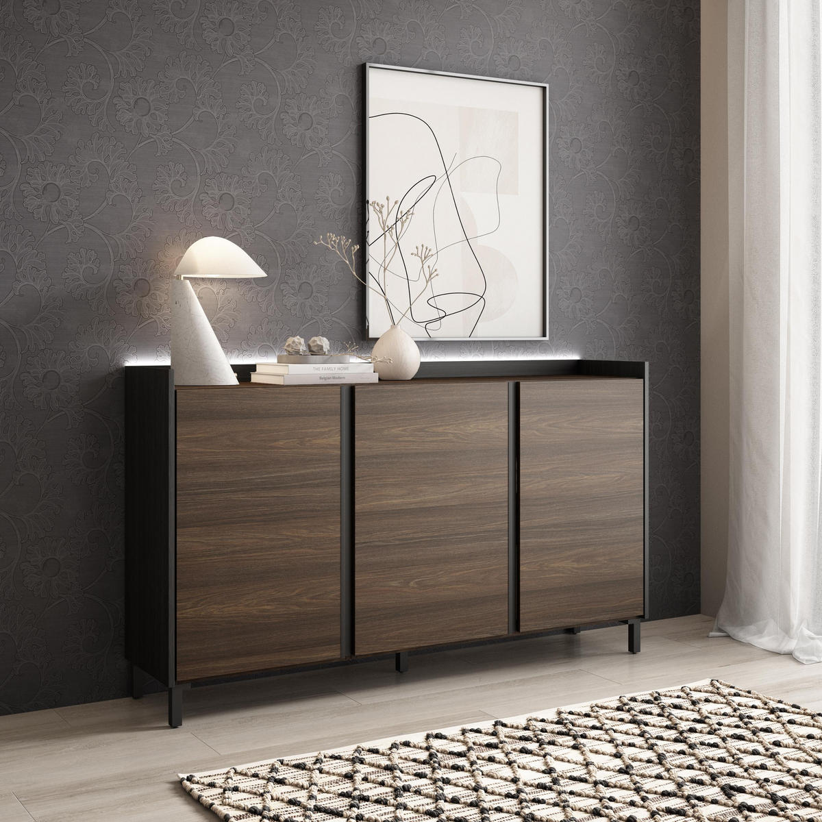 SIDEBOARD, Dunkler Eiche und Schwarz, 156/35/91cm, mit Beinen - Dunkelbraun, Holzwerkstoff (156/91/35cm) - Skraut Home