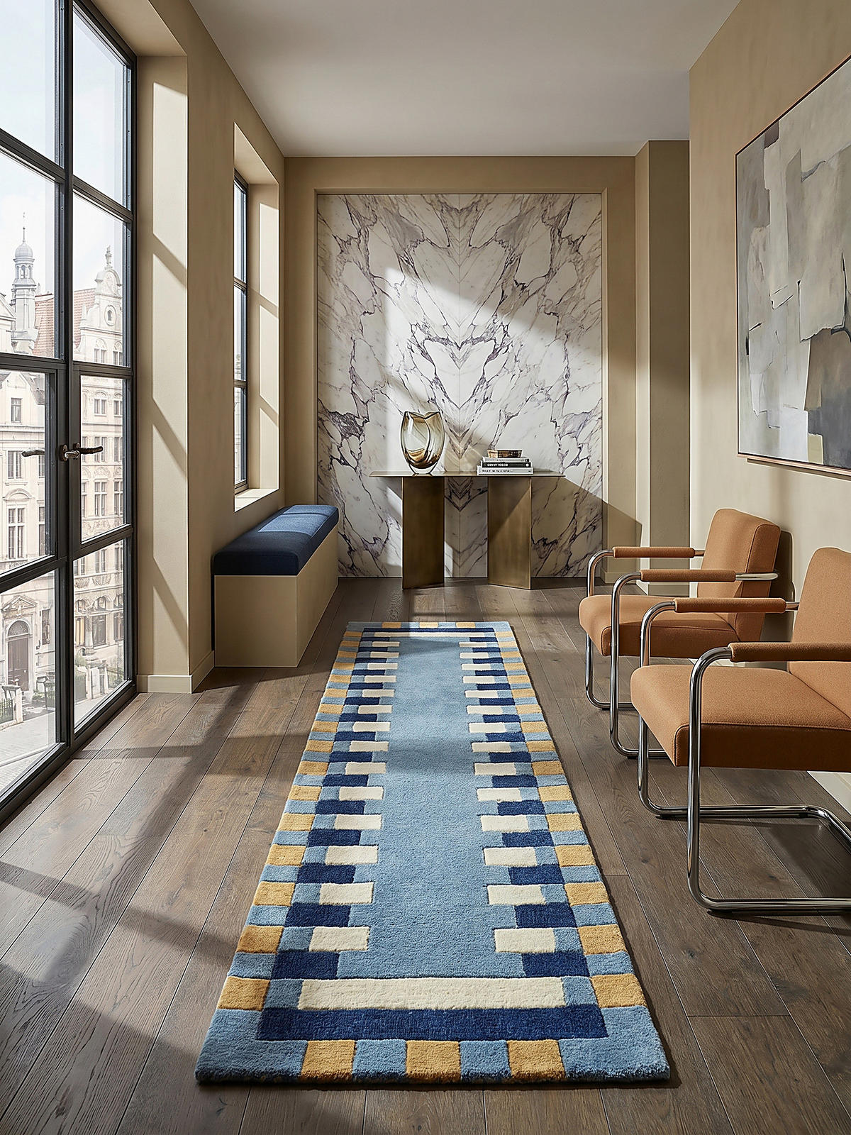 WOLLTEPPICH WENSUM, geometrisch, Blau-Gelb, 60 x 230 cm - Blau, Textil (60/230cm) - KADIMA DESIGN