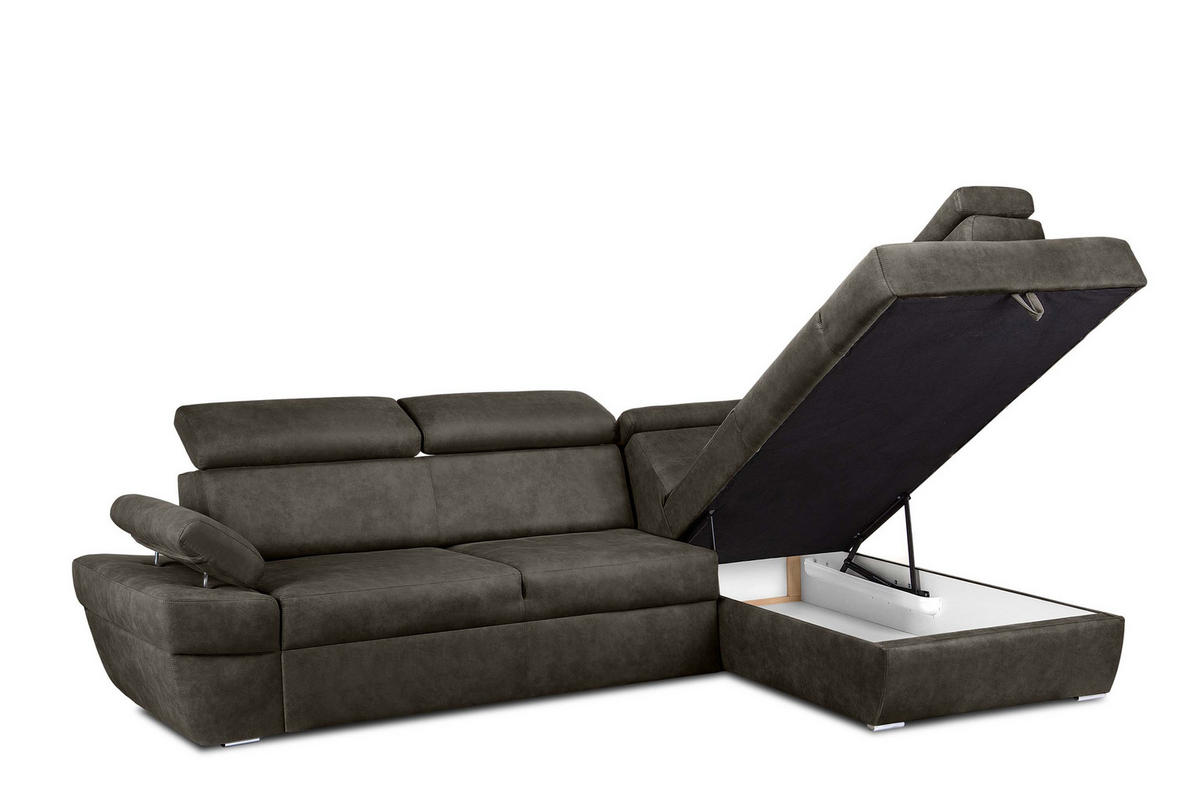 SCHLAFECKSOFA RATLO rechts 4/5-Sitzer mit Bettkasten in Lederoptik, grau - Dunkelgrau/Silberfarben, Textil (270/190cm) - KONSIMO®